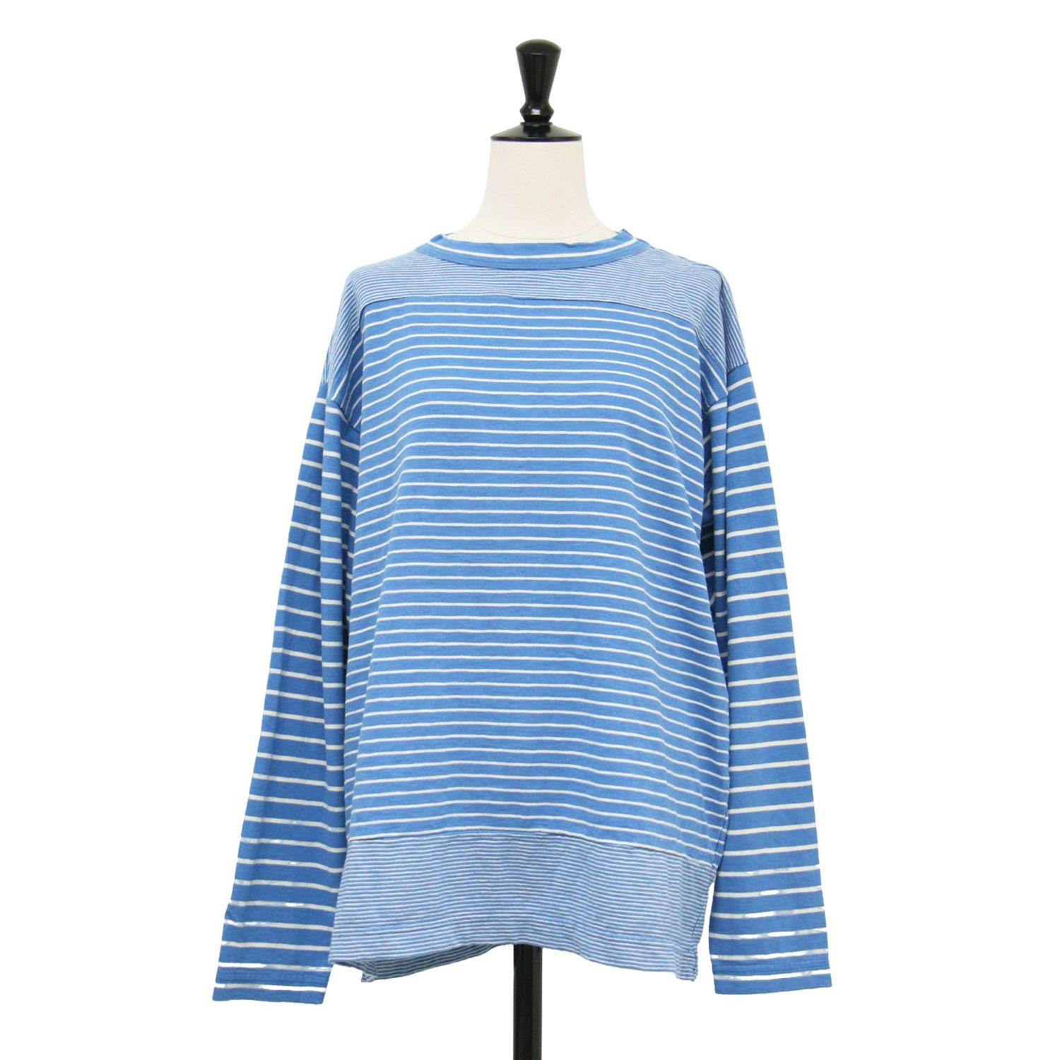45R フォーティファイブ・アール Tシャツ ブルー サイズ:FREE | クレイジー縞天竺の908オーシャンＴシャツ / カットソー | 長袖 スタンドネック ワイド ボーダー ストライプ コットン | トップス | 日本製【レディース】【K4639】 新品】45R フォーティファイブ・アール Tシャツ ブルー サイズ:FREE