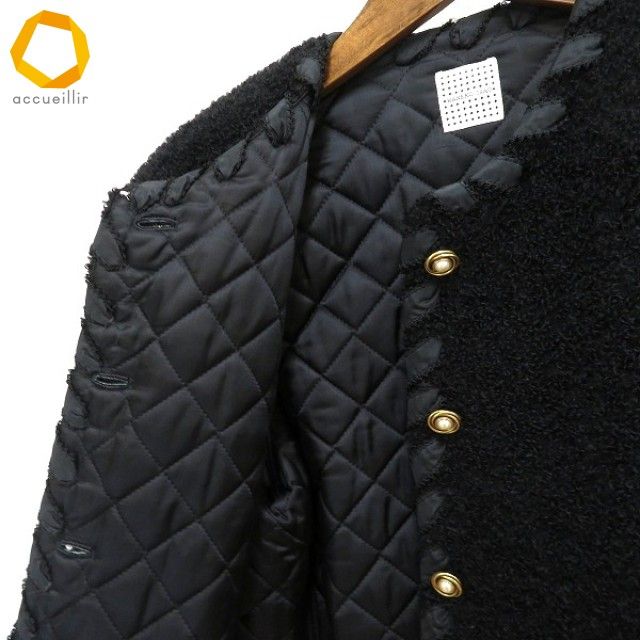 美品 カネコイサオ ジャケット 黒 パール×ゴールのボタン リボン セレモニー wu カネコイサオ KANEKO ISAO ノーカラー ジャケット 黒 リボン パール