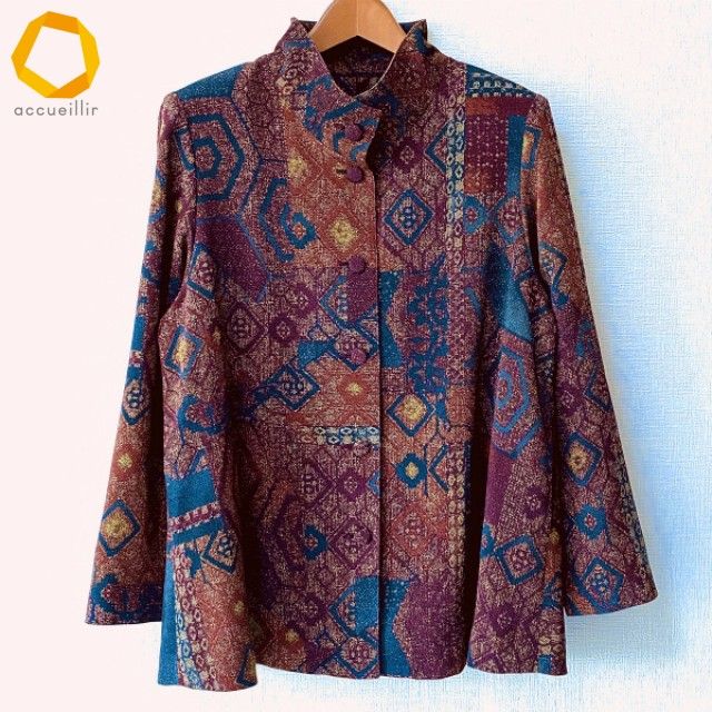 #anc シセンドウ 詩仙堂 ヒトシタムラ ジャケット えんじ マルチ ちりめん 総柄 スタンドカラー レディース [975260]