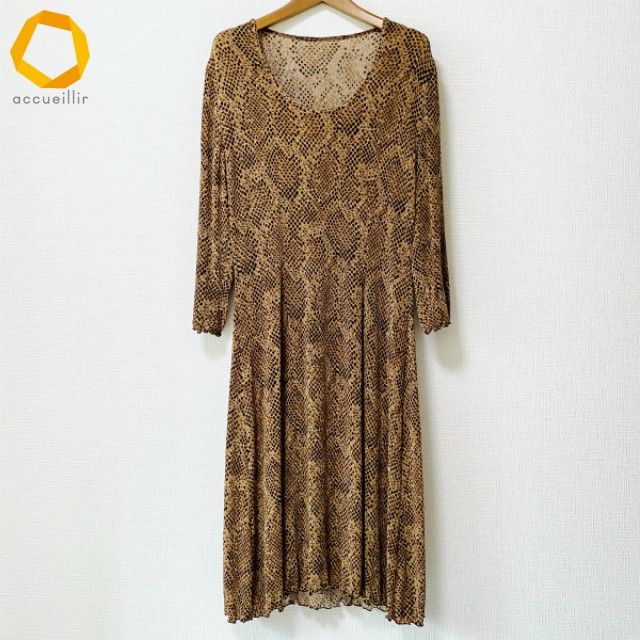 anc イタリヤ 伊太利屋 ワンピース 9 茶系 黒 パイソン柄 Uネック