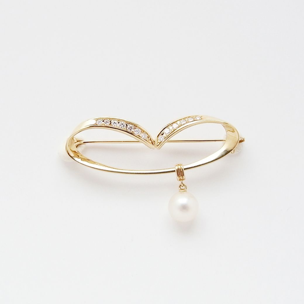 ミキモト アコヤ真珠 ダイヤモンド ブローチ 7.6mm K14YG 内箱 付き SA