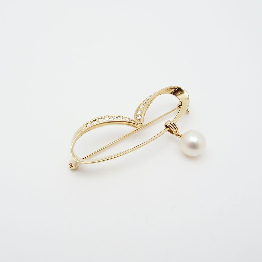 ミキモト アコヤ真珠 ダイヤモンド ブローチ 7.6mm K14YG 内箱 付き SA