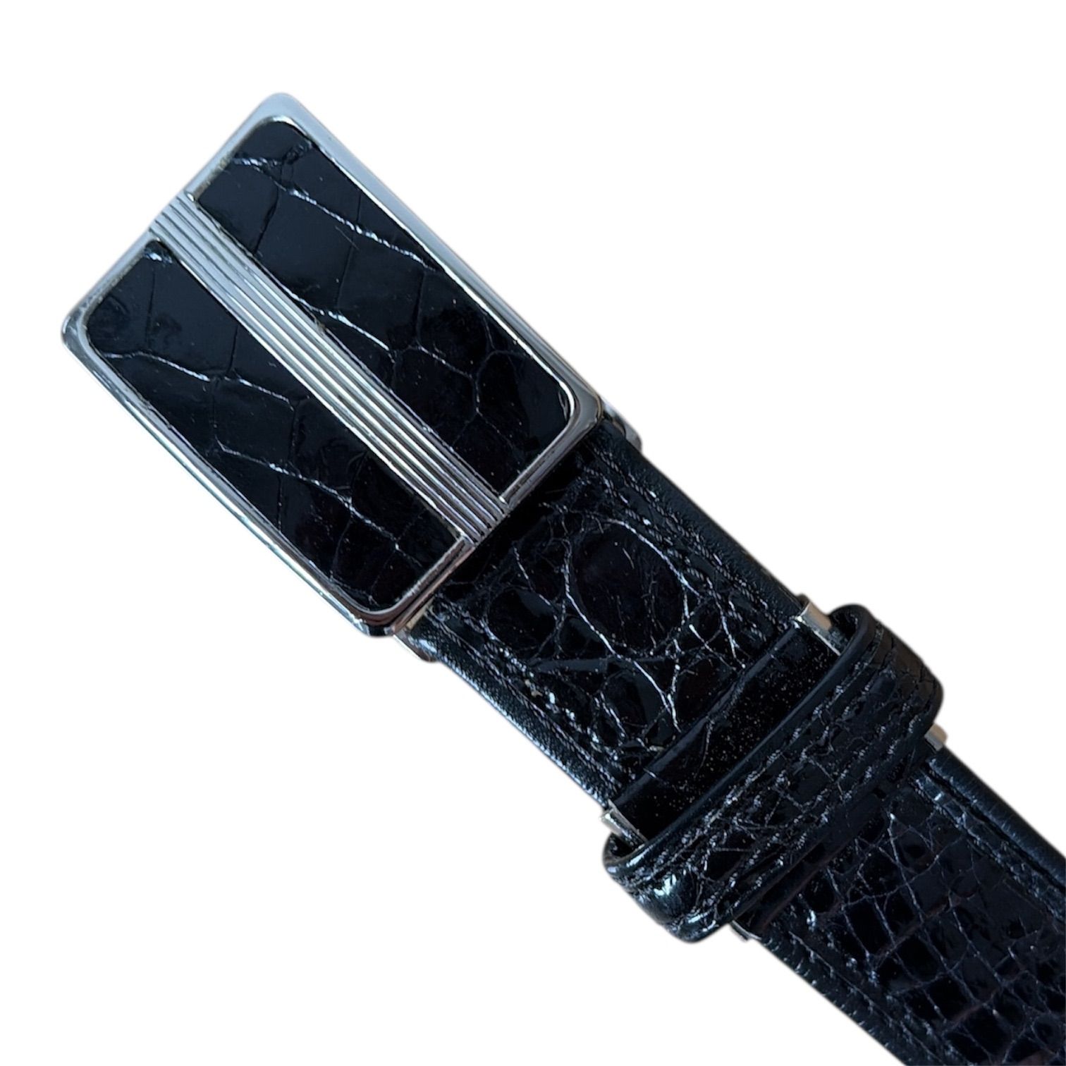 正規レア ヴェルサーチ ブランドロゴ文字バックル クロコ型押しベルト 黒系 80 VERSACE - 正規レア ヴェルサーチ ブランドロゴ文字バックル クロコ型