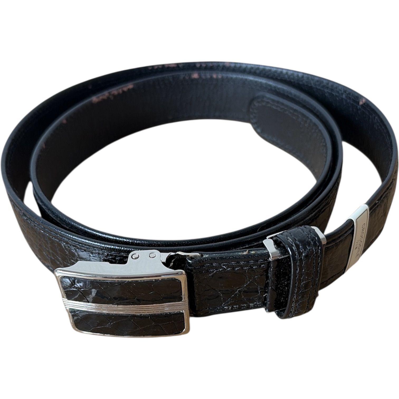 正規レア ヴェルサーチ ブランドロゴ文字バックル クロコ型押しベルト 黒系 80 VERSACE - 正規レア ヴェルサーチ ブランドロゴ文字バックル クロコ型