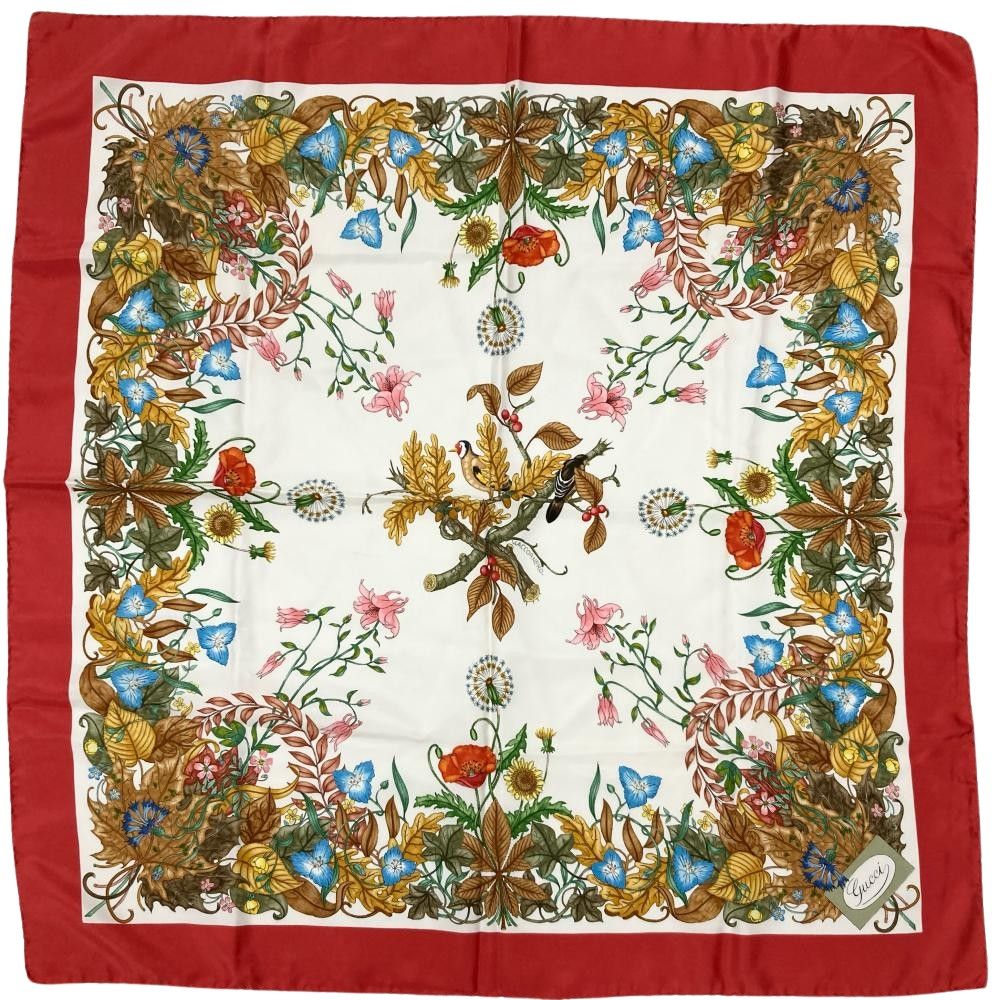 グッチ GUCCI V.ACCORNERO 鳥 スカーフ シルク レッド レディース