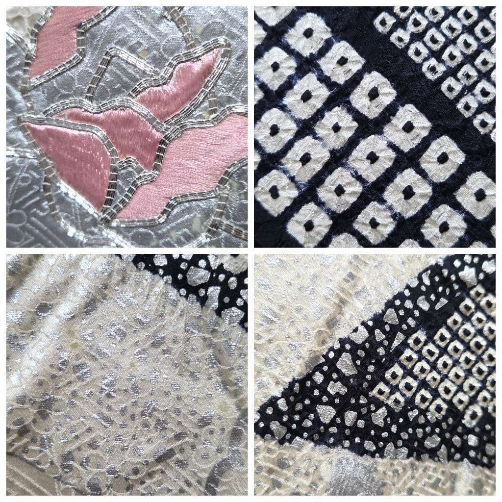 A5◇着物くつろぎ 総絞り 唐草唐花模様 銀駒刺繍 銀彩 白黒 袷 正絹 中