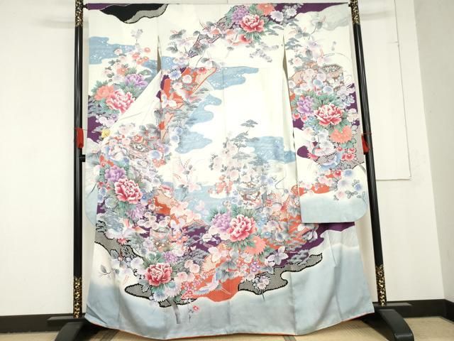 平和屋着物●豪華振袖　絞り　貝桶飛鶴草花文　銀彩　正絹　逸品　AABD6226cs 平和屋着物○豪華振袖 絞り 貝桶飛鶴草花文 銀彩 正絹 逸品 AABD6226cs