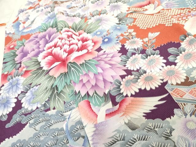 平和屋着物○豪華振袖 絞り 貝桶飛鶴草花文 銀彩 正絹 逸品 AABD6226cs