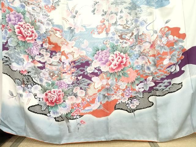 平和屋着物●豪華振袖　絞り　貝桶飛鶴草花文　銀彩　正絹　逸品　AABD6226cs 平和屋着物○豪華振袖 絞り 貝桶飛鶴草花文 銀彩 正絹 逸品 AABD6226cs