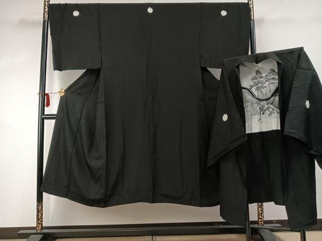 平和屋着物○男性 黒紋付 アンサンブル 羽織セット キングサイズ 正絹