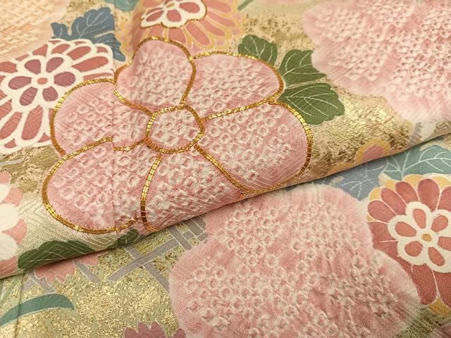 平和屋着物○訪問着 駒刺繍 絞り 草花文 金彩 正絹 逸品 AABD6036ph