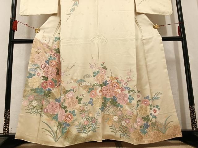 平和屋着物○訪問着 駒刺繍 絞り 草花文 金彩 正絹 逸品 AABD6036ph