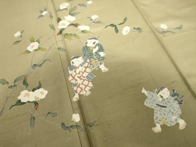 平和屋着物●十日町友禅作家　越村幸雪　訪問着　紬地　童子　暈し染め　ロング丈　正絹　逸品　AABD6715ck 平和屋着物○十日町友禅作家 越村幸雪 訪問着 紬地 童子 暈し染め