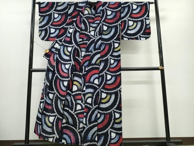 平和屋着物∴夏物 浴衣 有松鳴海絞り 舞花文 黒地 綿 逸品 CABA0490ng 平和