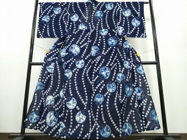 平和屋着物∴夏物　浴衣　有松鳴海絞り　団扇　よろけ縞　綿　逸品　未使用　CABA0487ng 平和屋着物∴夏物 浴衣 有松鳴海絞り 団扇 よろけ縞 綿 逸品 未使用