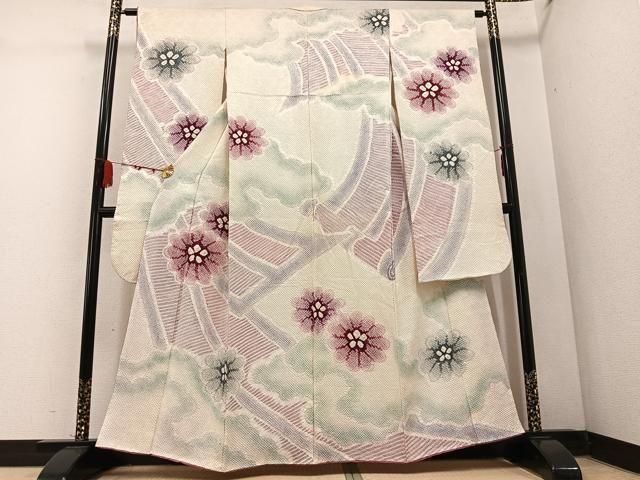 平和屋着物●色留訪問着　絞り　刺繍　花唐草文　黒地　正絹　逸品　AABD4462ph 平和屋着物○色留訪問着 絞り 刺繍 花唐草文 黒地 正絹 逸品