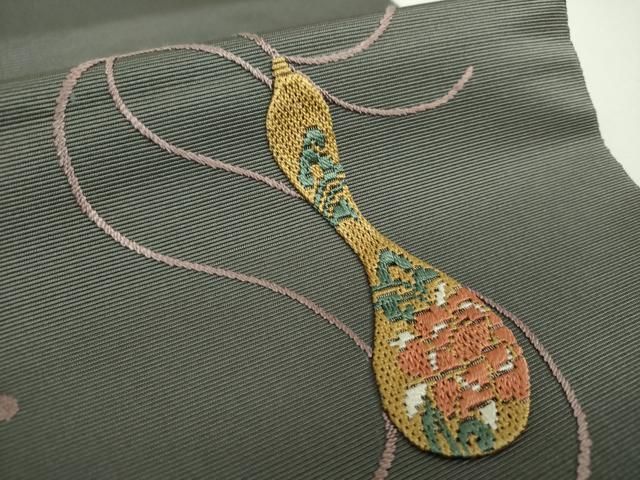 平和屋着物○太鼓柄袋帯 絽刺し 瓢箪 金糸 正絹 逸品 DAAZ0132ps
