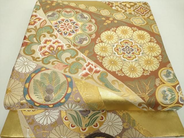 平和屋着物○六通柄袋帯 唐織 御瑞 飛鶴吉祥花丸文 金糸 引箔 正絹