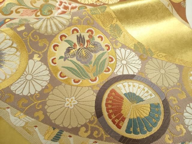 平和屋着物○六通柄袋帯 唐織 御瑞 飛鶴吉祥花丸文 金糸 引箔 正絹