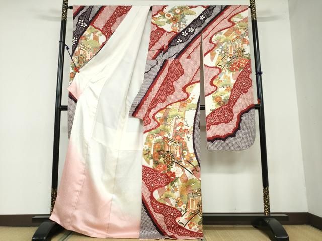 平和屋着物○豪華振袖 総絞り 駒刺繍 御所車草花文 金彩 正絹 逸品