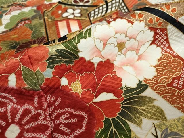 平和屋着物○豪華振袖 総絞り 駒刺繍 御所車草花文 金彩 正絹 逸品