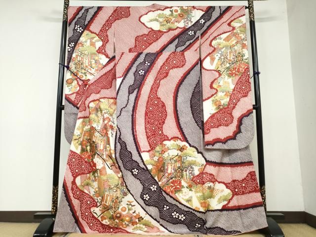 平和屋着物○豪華振袖 総絞り 駒刺繍 御所車草花文 金彩 正絹 逸品