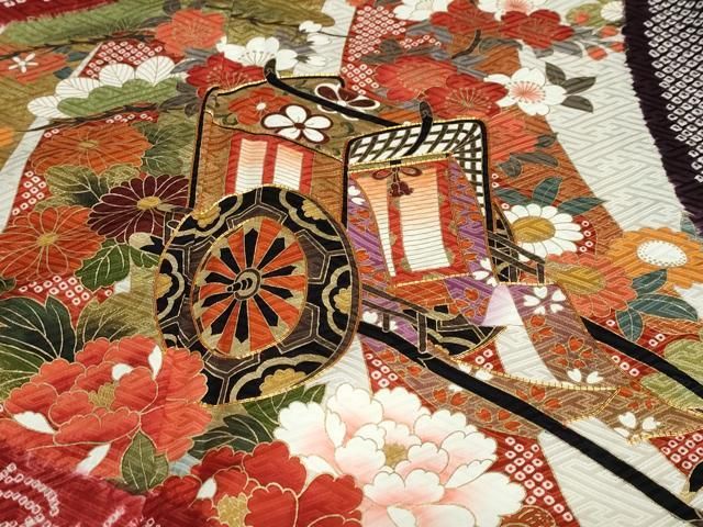 平和屋着物○豪華振袖 総絞り 駒刺繍 御所車草花文 金彩 正絹 逸品