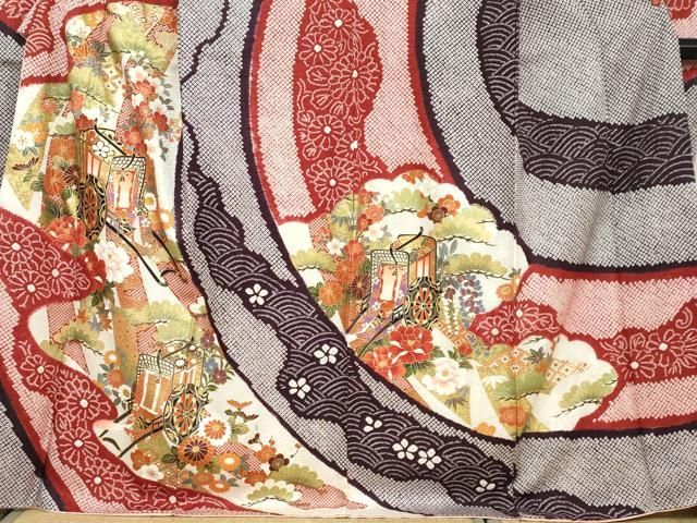 平和屋着物○豪華振袖 総絞り 駒刺繍 御所車草花文 金彩 正絹 逸品