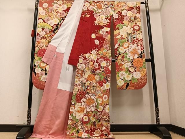 平和屋着物●豪華振袖　御所車花文　金彩　ロング丈　正絹　逸品　AABC9343ph 平和屋着物○豪華振袖 御所車花文 金彩 ロング丈 正絹 逸品 AABC9343ph