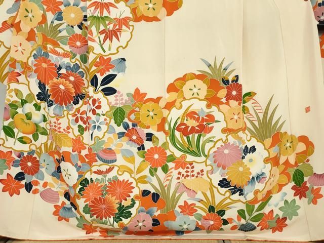 平和屋着物●豪華振袖　友禅　作家物　雪輪草花文　鬼しぼ縮緬　正絹　逸品　DAAY5615ud 平和屋着物○豪華振袖 友禅 作家物 雪輪草花文 鬼しぼ縮緬 正絹