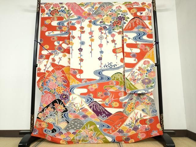 平和屋着物●豪華振袖　型染め　流水花鳥文　鬼しぼ縮緬　正絹　逸品　DAAY5618ud 平和屋着物○豪華振袖 型染め 流水花鳥文 鬼しぼ縮緬 正絹 逸品