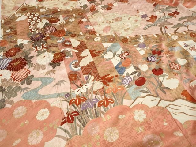 平和屋着物○豪華振袖 駒刺繍 屏風草花文 暈し染め 金彩 正絹