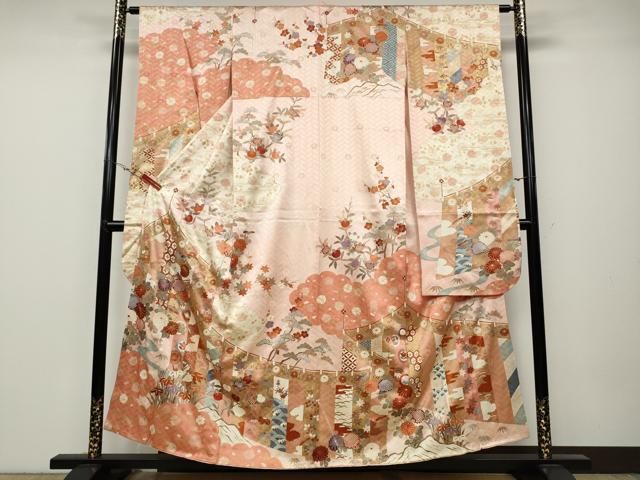 平和屋着物●豪華振袖　駒刺繍　屏風草花文　暈し染め　金彩　正絹　逸品　CABA1674ut 平和屋着物○豪華振袖 駒刺繍 屏風草花文 暈し染め 金彩 正絹