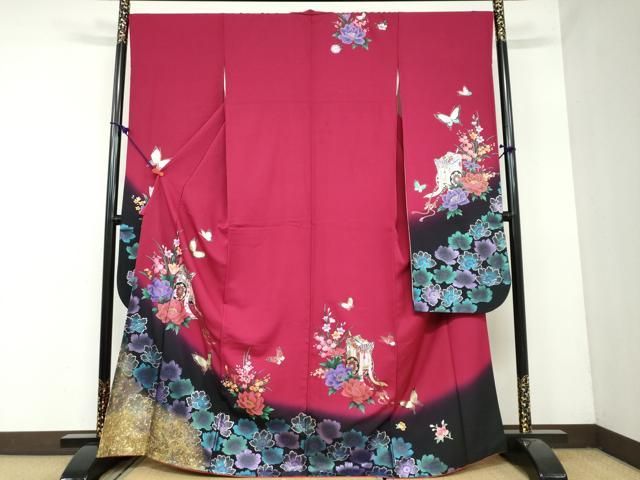 平和屋着物○豪華振袖 御所車花蝶文 暈し染め 金銀彩 正絹 逸品