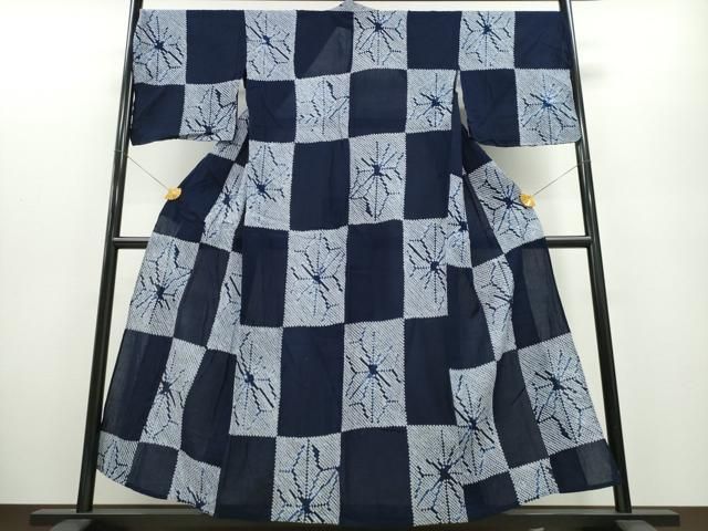 平和屋着物∴夏物　浴衣　有松鳴海絞り　市松麻の葉文様　綿　逸品　CABA0473ng 平和屋着物∴夏物 浴衣 有松鳴海絞り 市松麻の葉文様 綿 逸品