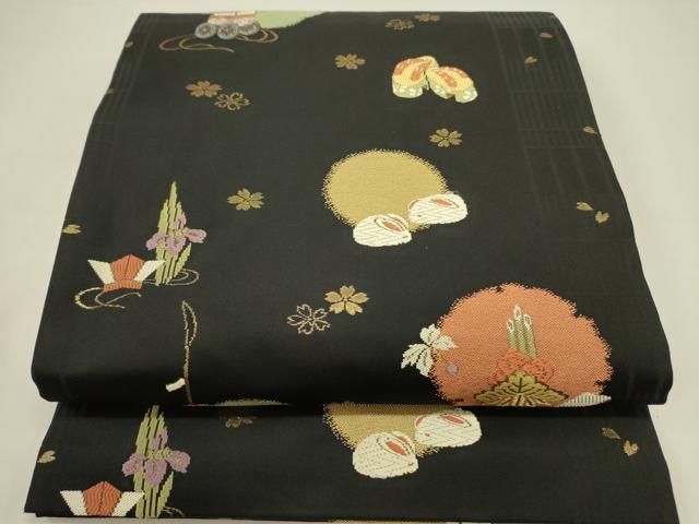 平和屋着物○九寸開き名古屋帯 唐織 花兎 玩具文 黒地 金糸 正絹 逸品