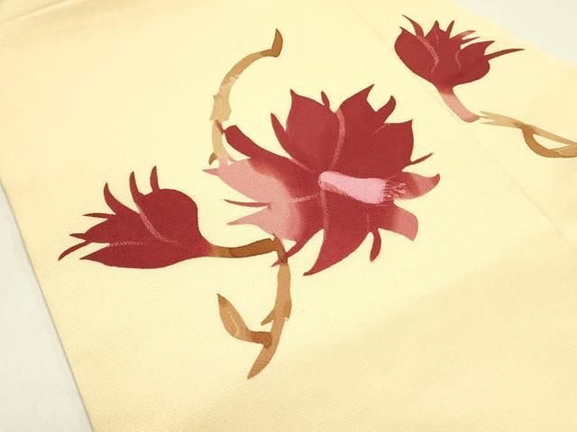 平和屋着物○全通柄九寸名古屋帯 型染 更紗花文 鬼しぼ縮緬 正絹 逸品