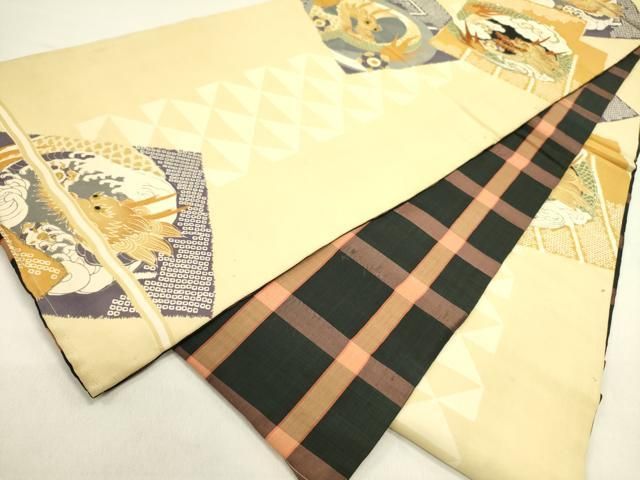 平和屋着物○アンティーク 大正ロマン 両面 全通柄京袋帯 刺繍 龍 正絹