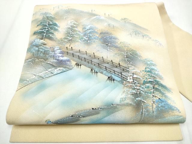 平和屋着物●九寸名古屋帯　手描き　渡橋樹林文　金彩　鬼しぼ縮緬　正絹　逸品　CAAZ4294hy 平和屋着物○九寸名古屋帯 手描き 渡橋樹林文 金彩 鬼しぼ縮緬