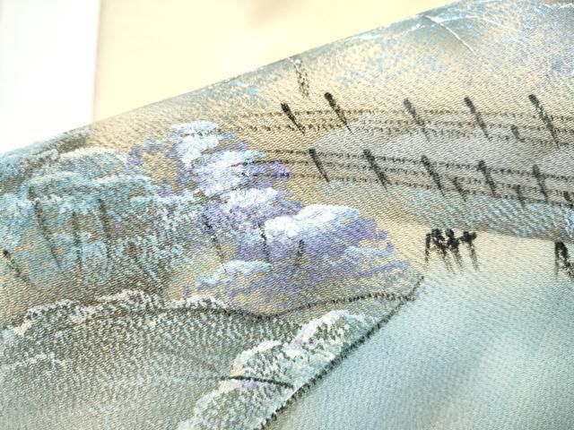 平和屋着物○九寸名古屋帯 手描き 渡橋樹林文 金彩 鬼しぼ縮緬 正絹