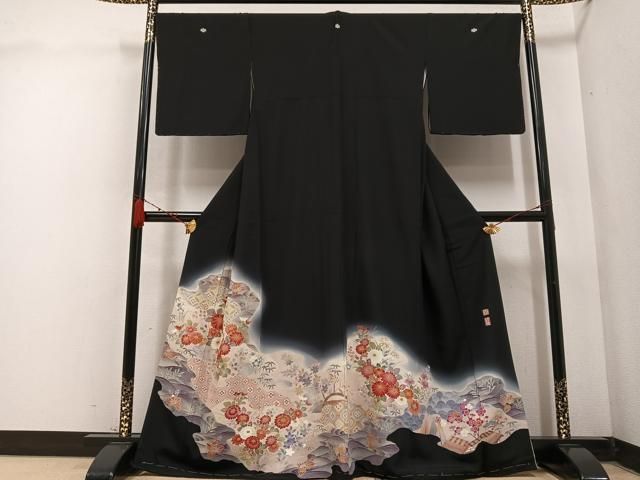 平和屋着物●京加賀友禅　百貫達雄　黒留袖　立波草花文　正絹　逸品　未使用　AABC6066ph 平和屋着物○京加賀友禅 百貫達雄 黒留袖 立波草花文 正絹 逸品 未使用