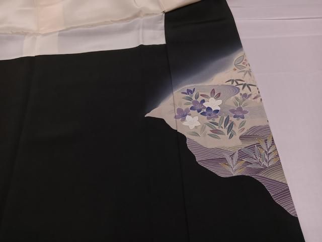 平和屋着物○京加賀友禅 百貫達雄 黒留袖 立波草花文 正絹 逸品 未使用