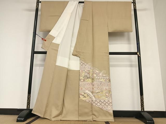 平和屋着物○豪華色留袖 蘇州刺繍 渡り橋御所車花文 金彩 正絹 逸品