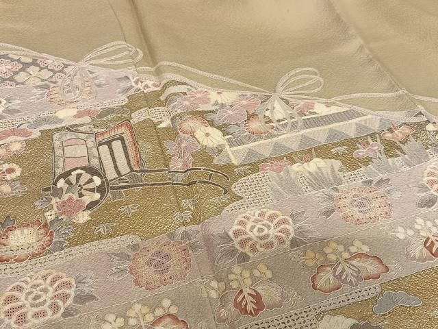 平和屋着物○豪華色留袖 蘇州刺繍 渡り橋御所車花文 金彩 正絹 逸品