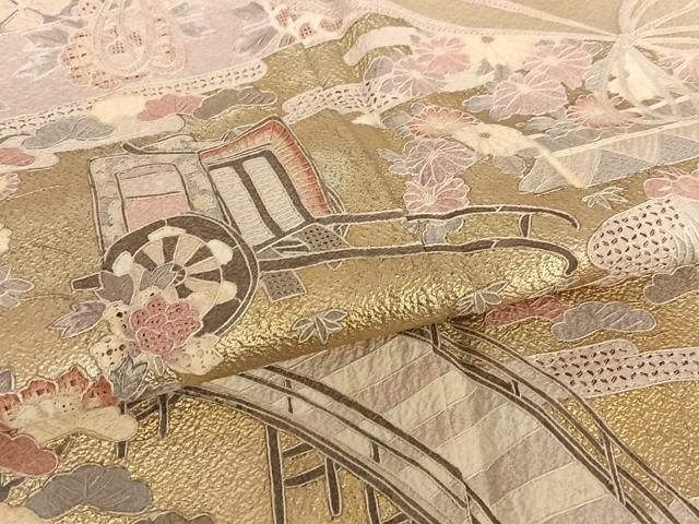 平和屋着物●豪華色留袖　蘇州刺繍　渡り橋御所車花文　金彩　正絹　逸品　AABC0164zg 平和屋着物○豪華色留袖 蘇州刺繍 渡り橋御所車花文 金彩 正絹 逸品