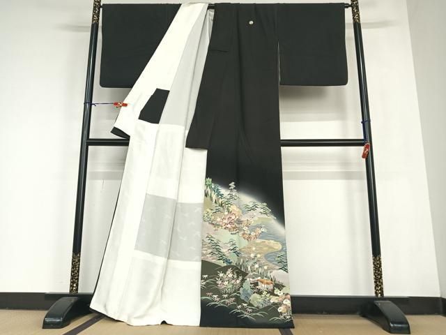 平和屋着物●豪華黒留袖　友禅　作家物　華峰　松竹梅風景文　暈し染め　正絹　逸品　AABC0174zg 平和屋着物○豪華黒留袖 友禅 作家物 華峰 松竹梅風景文 暈