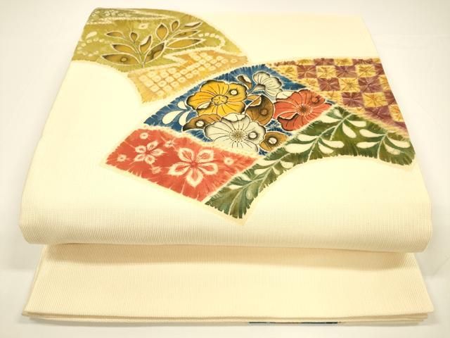 平和屋着物○太鼓柄袋帯 地紙草花文 辻が花 正絹 逸品 DAAY8033cm