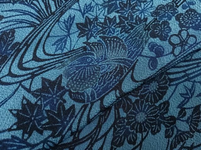平和屋着物○訪問着 藍 型染め 道長草花文 鬼しぼ縮緬 正絹