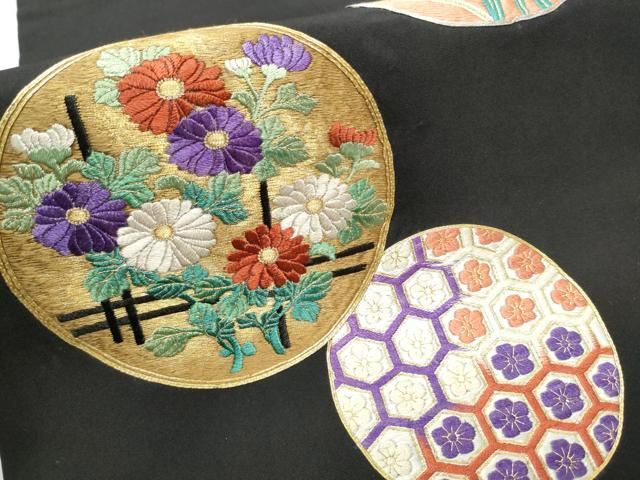 平和屋着物○塩瀬 正絹 逸品 CAAX7243hy 九 草花松文 平和屋着物●塩瀬　九寸名古屋帯　駒刺繍　草花文　金彩　正絹　逸品　CABC8421dy