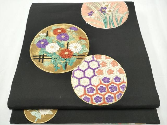 平和屋着物●塩瀬　九寸名古屋帯　駒刺繍　笹花文　金彩　正絹　逸品　DAAY2652op 平和屋着物○塩瀬 九寸名古屋帯 駒刺繍 笹花文 金彩 正絹 逸品